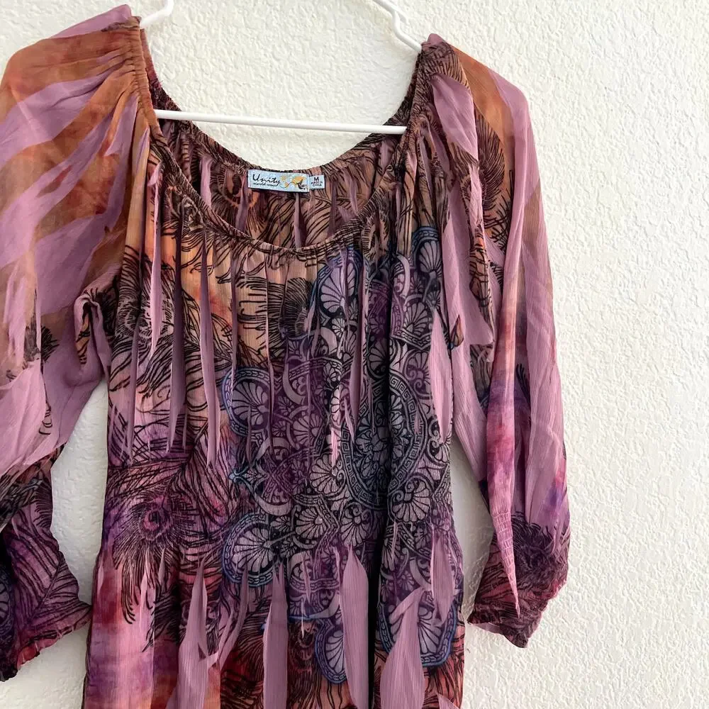 UNITY WORLD WEAR Women's M Babydoll Pink Mix Media Print Tunic Blouse Y2k Sheer - Picture 2 of 5